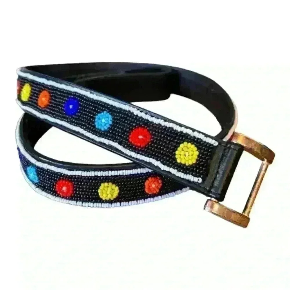 Chico's Womens Leather Floral‎ Beaded M/L Velcro Close Belt.